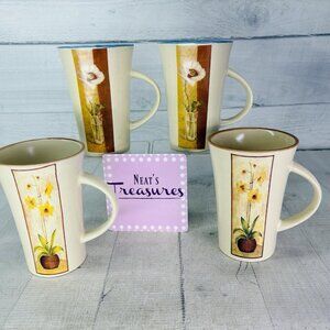 Mulberry Home ORCHID Flower Multi Trim 13oz Ceramic Tall Latte Mugs Cups Set 4